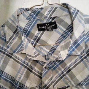 Blue and white plaid men's button down shirt